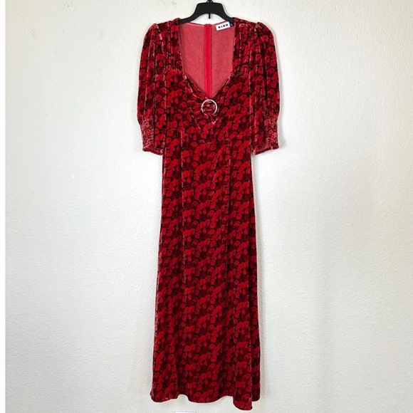Rixo London Karen Mystic Bloom Red Floral Velvet Silk Puff Sleeve Midi Dress S - Picture 1 of 2
